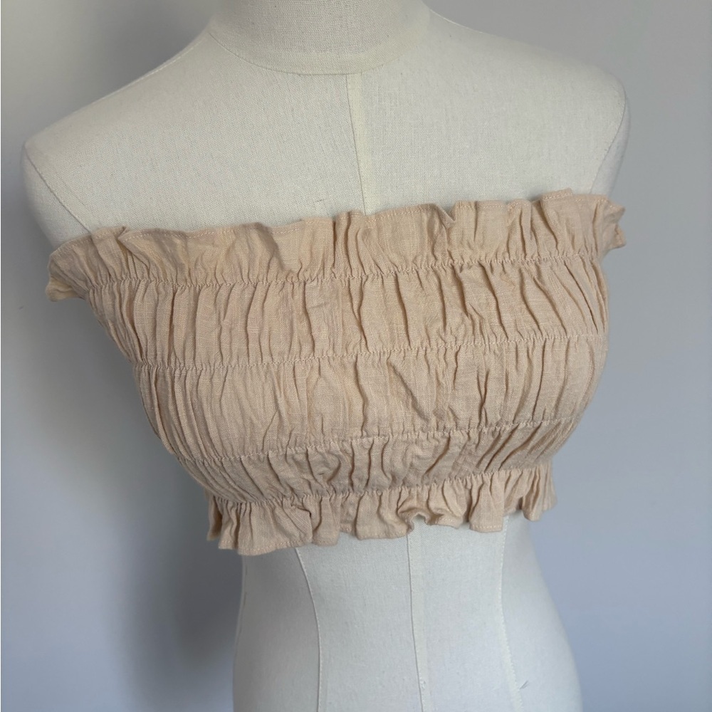 Tan Smocked Ruffled Sleeveless Crop Top